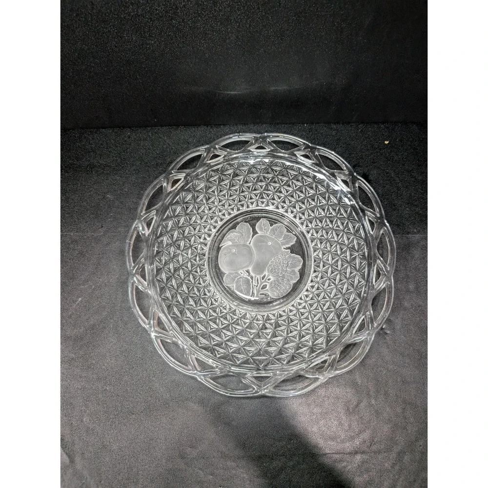 Imperial Glass Laced Rim‎ Frosted Intaglio Rose Diamond Platter, Serving Tray